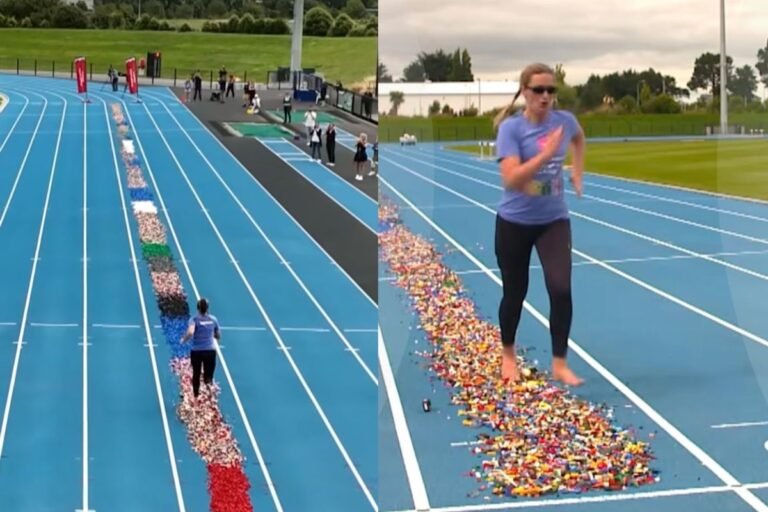 Mãe quebra recorde ao correr descalça sobre peças de Lego