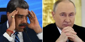 Composite picture shows Nicolás Maduro on the left, with his hands at his temples wearing a suit and blue-striped tie. On the right is Vladimir Putin, in a blue