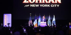 Zohran Mamdani addresses the crowd at his election night victory party.
