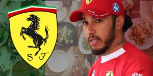 Lewis Hamilton is pictured with a Ferrari logo with a background of a dinner table in Italian flag colours