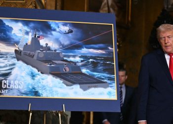 President Donald Trump arrives to announce the U.S. Navy's new Golden Fleet initiative, unveiling a new class of warships, at Mar-a-Lago in Palm Beach, Fla., on