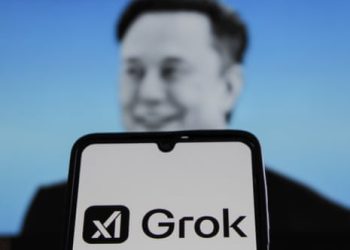 illustration of Elon Musk and a phone screen displaying the xAI Grok logo