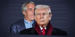illustration, Jeffrey Epstein lingers behind Donald Trump
