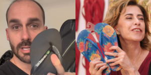 Desempregado, Eduardo Bolsonaro joga Havaianas no lixo e se revolta com comercial de Fernanda Torres