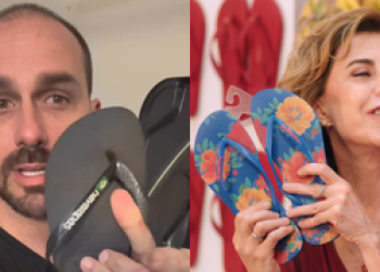 Desempregado, Eduardo Bolsonaro joga Havaianas no lixo e se revolta com comercial de Fernanda Torres