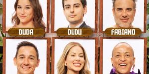 colorida com fotos de Duda, Dudu, Fabiano, Mesquita, Saory e Walério, participantes de A Fazenda