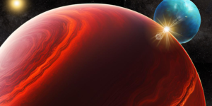 An illustration showing the gas giant planet HD 206893 B and its potential exomoon