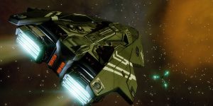 Screenshots from the video game Elite Dangerous, showing spaceships around planets