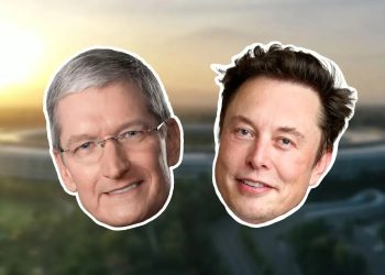 Elon Musk Cutouts of Tim Cook and Elon Musk against an Apple Park background