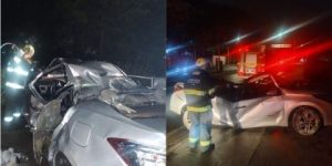 Carro ficou destruído com acidente.  • Corpo de Bombeiros MG