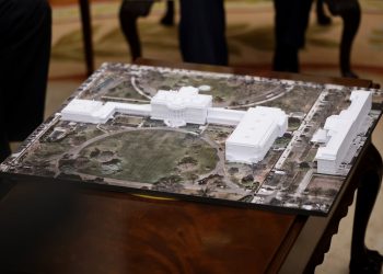 A rendering of U.S. President Donald Trump's proposed $250 million White House ballroom is displayed as he meets with NATO Secretar