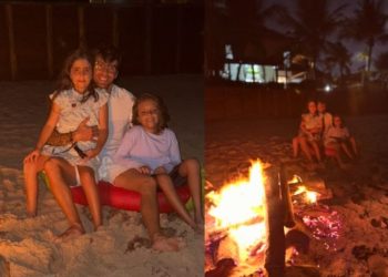 Daniel Cady celebra a virada ao lado das filhas Helena e Marina. Reprodução