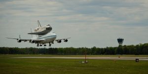 Space Shuttle Discovery mounted atop a 747 Shuttle Carrier Aircraft (SCA