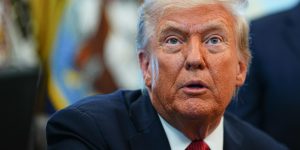 Closeup of US President Donald Trump as he speaks in the Oval Office of the White House