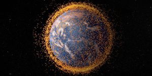 An artist's concept depicting the near-Earth orbital debris field, based on real data from the NASA Orbital Debris Program Office