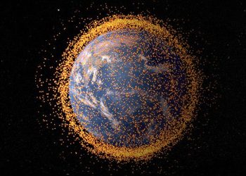 An artist's concept depicting the near-Earth orbital debris field, based on real data from the NASA Orbital Debris Program Office