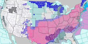 A US map showing strips of blue, teal, dark blue and white where the January 2026 polar vortex has hit