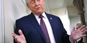 US President Donald Trump speaks to reporters.