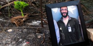 of Alex Pretti at a makeshift memorial after he was shot and killed by federal immigration agents in Minneapolis, Minnesota, on January 24, 2026