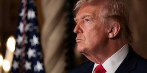 President Donald Trump attends a press conference at Mar-a-lago in Palm Beach, Florida, on Monday