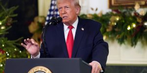 President Donald Trump addresses the nation from the Diplomatic Room of the White House on Wednesday in Washington, DC