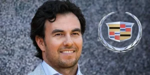 Sergio Perez and the Cadillac logo.