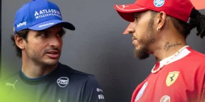 Carlos Sainz, Williams, left, and Lewis Hamilton, Ferrari, right, speaking at the 2025 Singapore Grand Prix