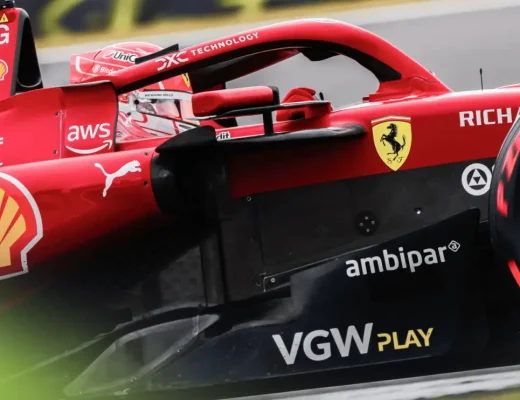 An action shot of Charles Leclerc's Ferrari on track at Silverstone