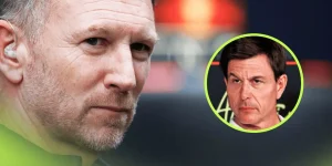 A close-up shot of Christian Horner with an inset of Toto Wolff alongside him