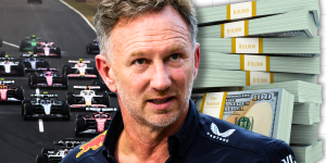 Horner in Red Bull kit looking concerned with a background of the F1 grid and a pile of US dollars