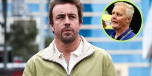 Fernando Alonso pictured at the 2025 Qatar Grand Prix, as Johnny Herbert appears in a top right circle