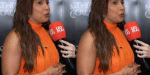 Lauana Prado de vestido alaranjado concedendo entrevista para o portal LeoDias (Reprodução portal LeoDias/ montagem