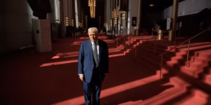 President Donald Trump talks to the media during a tour at the John F. Kennedy Center for the Performing Arts after leading a board meeting on March 17, 2025, i