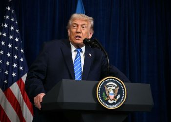US President Donald Trump speaks during a press conference with Ukrainian President Volodymyr Zelensky following talks at Mar-a-Lago in Palm Beach, Florida, on