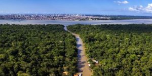 Vista feita de drone, desde a Ilha do Combu, com a cidade de Belém ao fundo, onde ocorre a COP30 • Alex Ferro/COP30
