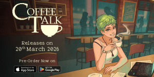 m oficial de Coffee Talk Tokyo destacando o ambiente do café noturno