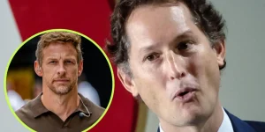 Ferrari president John Elkann in focus, as Jenson Button appears in a large circle on the left