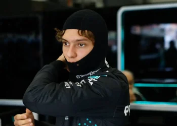 Kimi Antonelli in the Mercedes garage