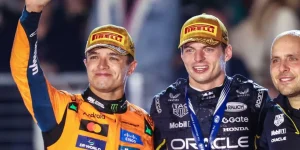Lando Norris and Max Verstappen on the podium in Las Vegas.