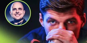 A close-up shot of Max Verstappen with his hands over his mouth and an inset of Gianpiero Lambiase