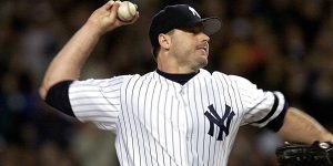 Roger Clemens pitches for the Yankees