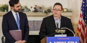 New York City mayor-elect Zohran Mamdani and Lillian Bonsignore at a press conference