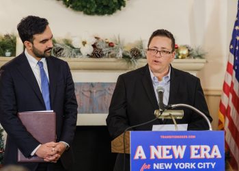 New York City mayor-elect Zohran Mamdani and Lillian Bonsignore at a press conference