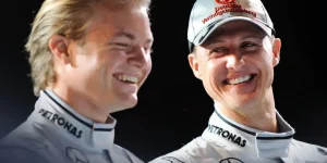 On the left, Nico Rosberg, and on the right, Michael Schumacher, both of Mercedes