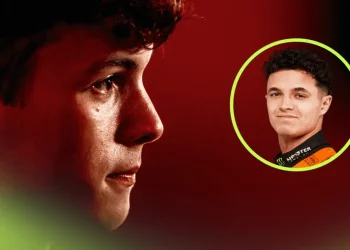 A side-profile shot of Oliver Bearman with an inset of Lando Norris