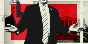 illustration of Donald Trump and Jeffrey Epstein with the White House in the background