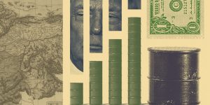 s of oil barrels, President Trump, and a vintage map of Venezuela