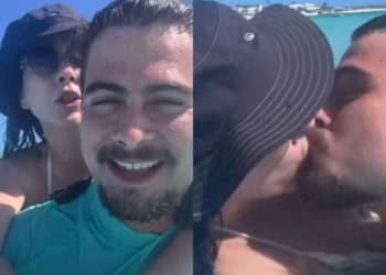 Rafa Vitti e Tatá Werneck curtem férias e mostram carinho no mar