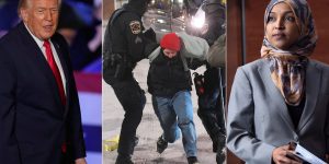 , with US President Donald Trump, law enforcement officers detaining a demonstrator during a protest, and Congresswoman Ilhan Omar [AP Photo