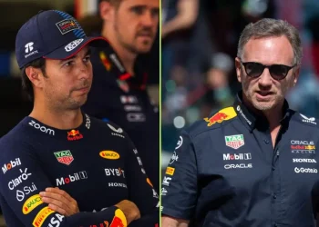 Sergio Perez, left, and Christian Horner, right